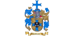 Caswell heraldic emblem with a silver helmet