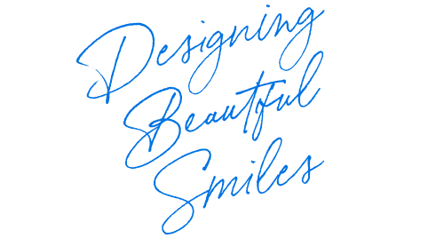 Blue handwritten script reading “Designing Beautiful Smiles”